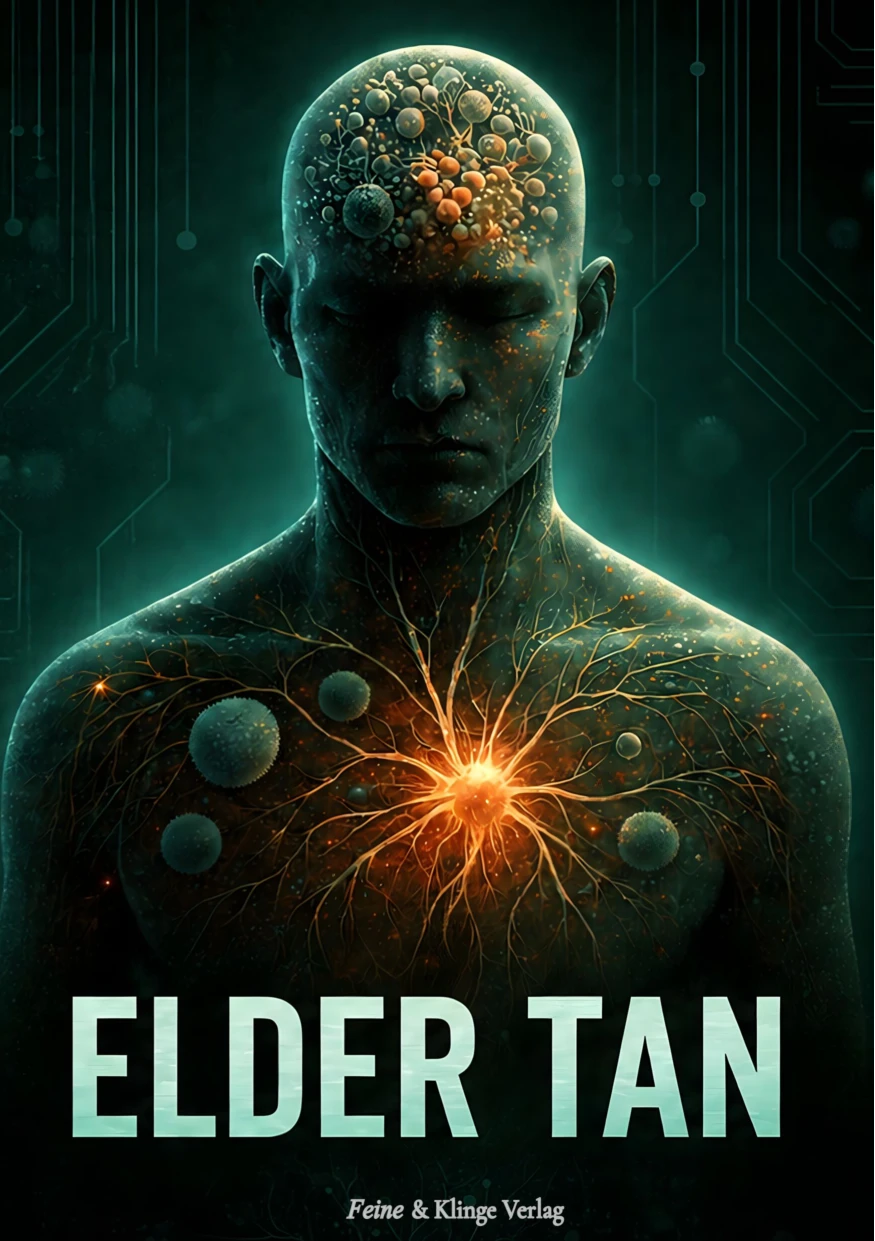 Buchcover ELDER TAN: eine dunkle menschliche Figur mit mikrobiellen Strukturen und einem orange leuchtenden Netzwerk in der Brust.